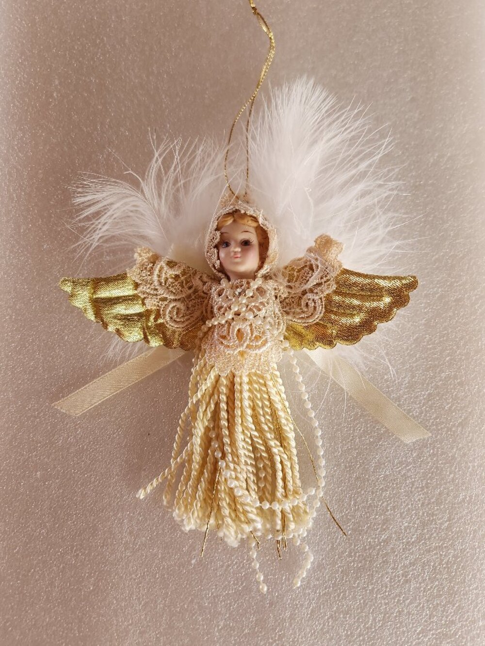 Vintage Angel Christmas Ornament Gold Ivory Lace Pearl Feather Holiday Decor